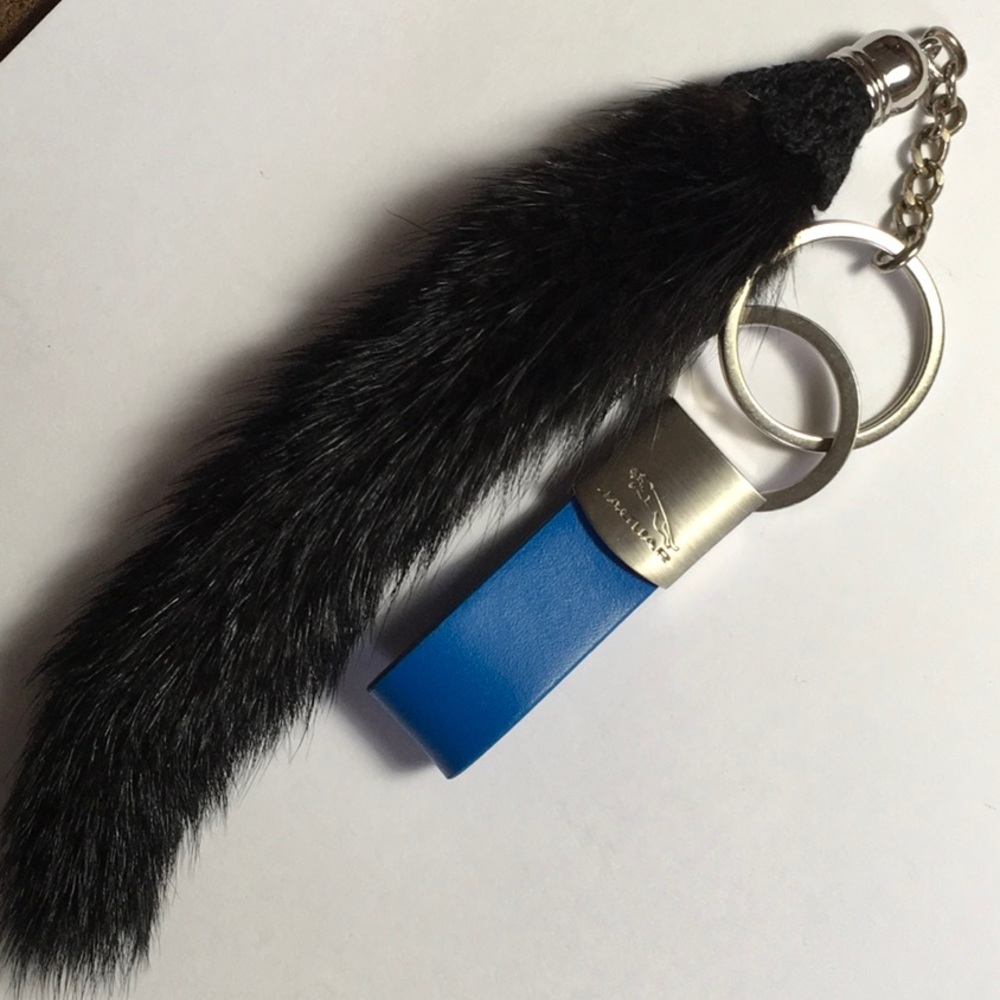 Black Mink Tail Jaguar Blue Leather Keychain Purse Charm